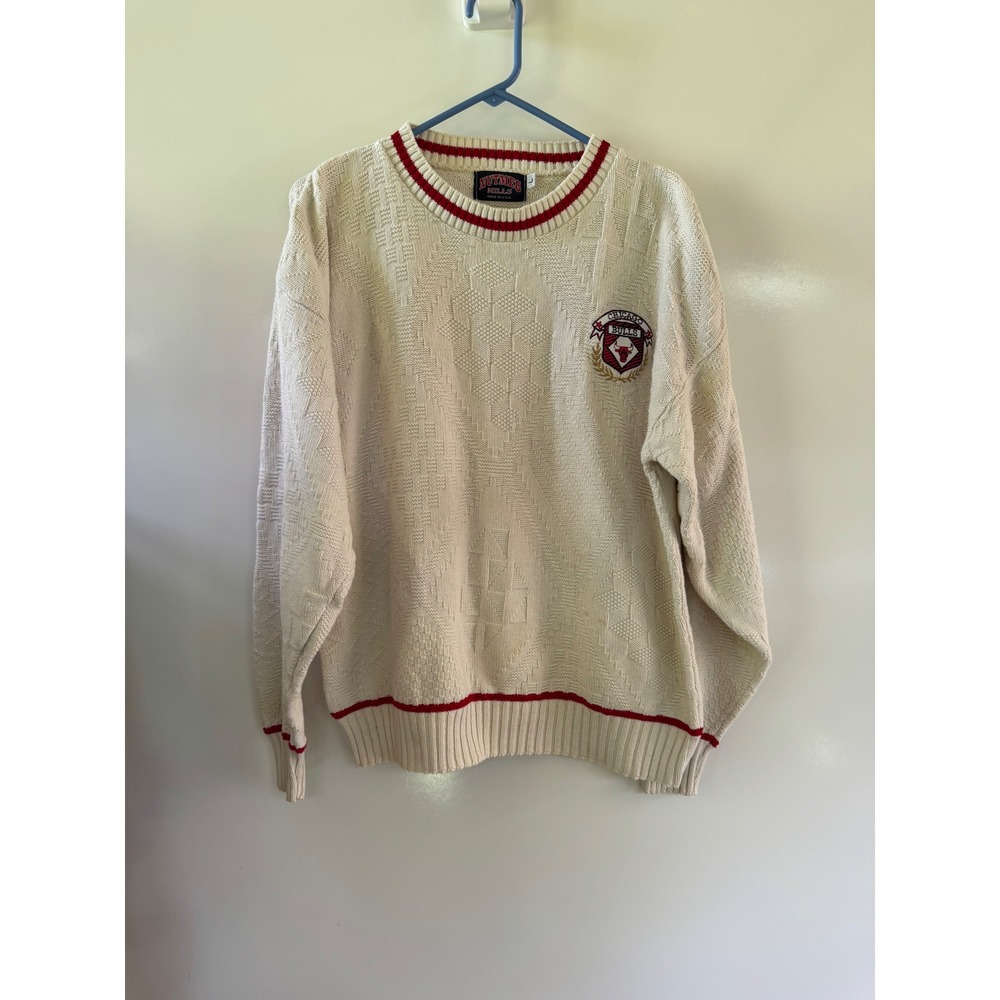 Vintage Nutmeg Mills Chicago Bulls Sweater Mens Large Cream Cotton Knit USA Made